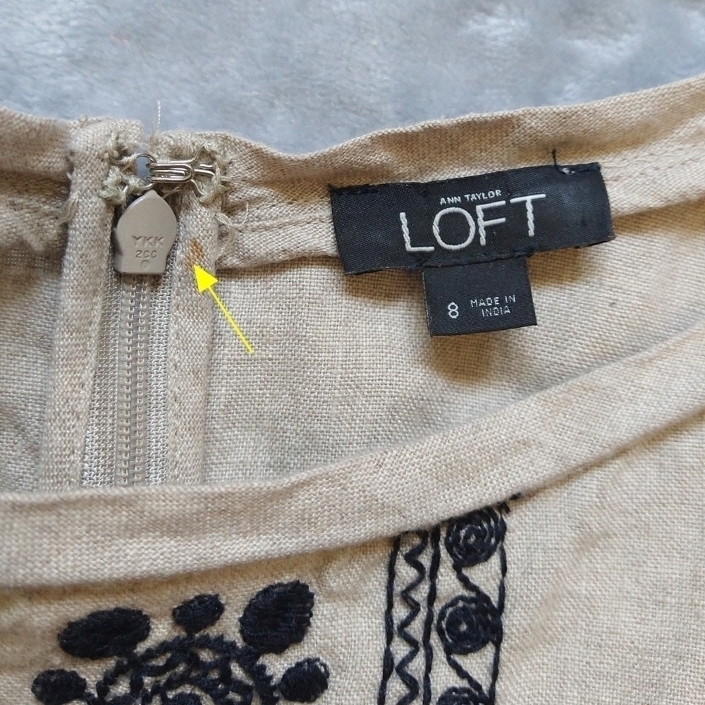 LOFT 100% Linen Khaki Tan Black Embroidered Sleeveless Romper Pockets Boho - Picture 11 of 13